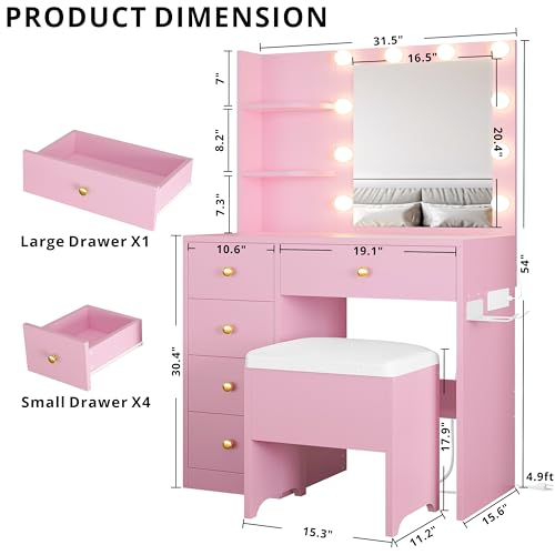 White Vanity Desk with Mirror and Lights, 5 Drawers, and Stool B659228
