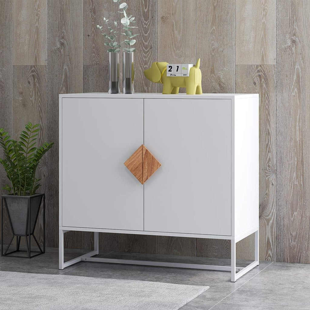 White 2 Door Sideboard with Solid Wood Handles and Metal Legs C158