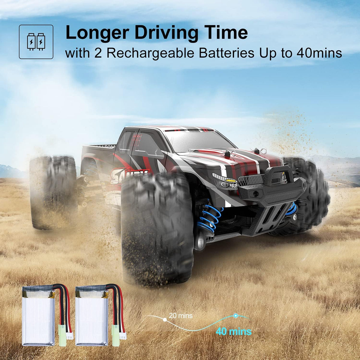 Remote Control Car 1:18 Scale 4WD Off Road Monster Trucks 2.4GHz 2 Rechargeable Battery Pack of 2 J80511