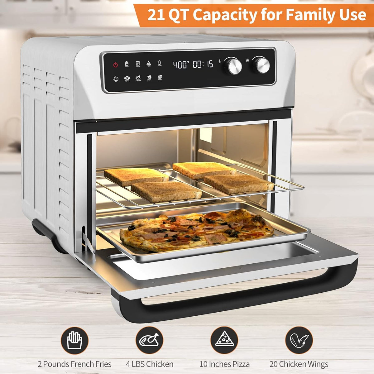 21 QT Air Fryer Toaster Oven Combo with 8 Preset Functions, Silver N545453