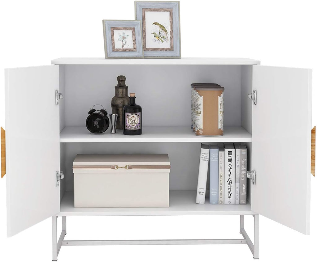White 2 Door Sideboard with Solid Wood Handles and Metal Legs C158