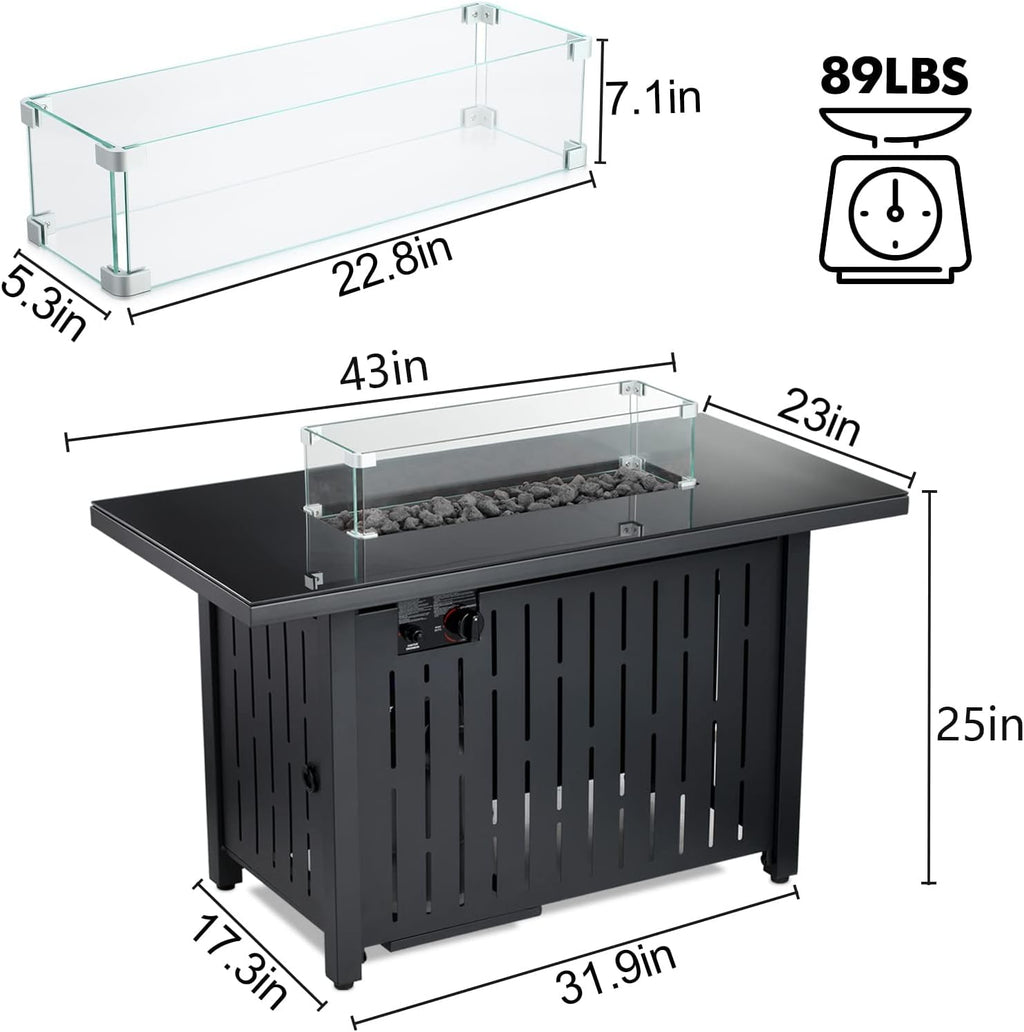 43 Inch 50,000 BTU Auto-Ignition Gas Fire Pit Table with Glass Wind Guard, Lava Stone Z325046