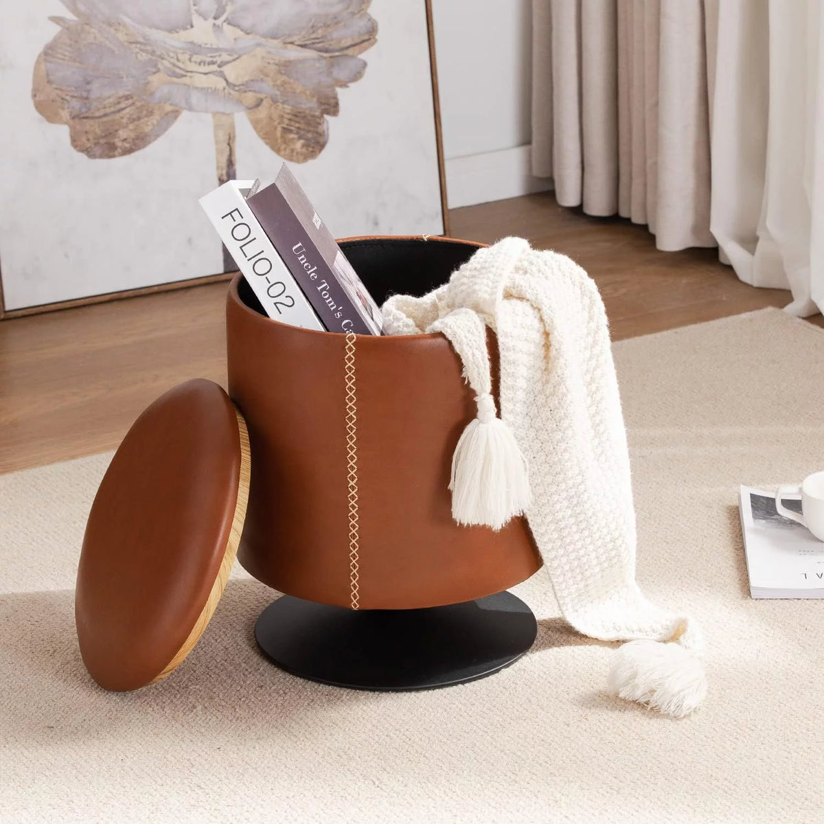 Brown Faux Leather Round Storage Ottoman E358646