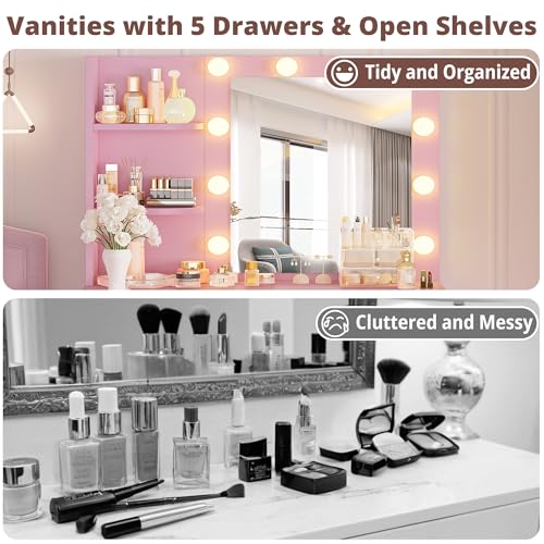 White Vanity Desk with Mirror and Lights, 5 Drawers, and Stool B659228
