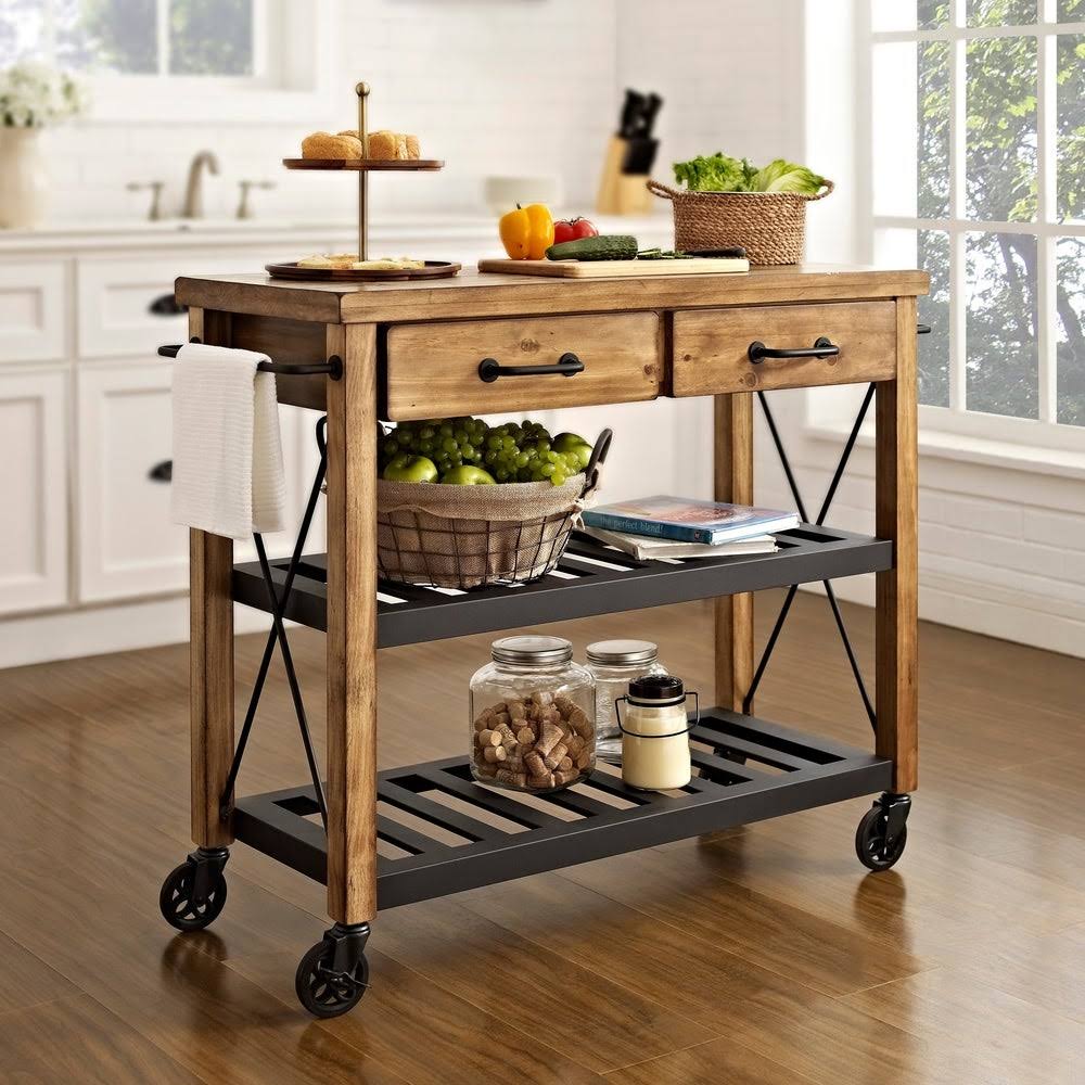 Natural Wood and Metal Kitchen Cart W7595