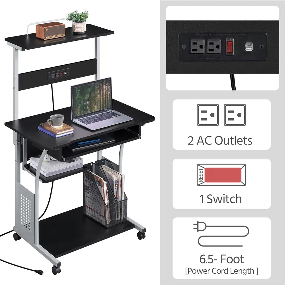 Black 3 Tiers Computer Desk with Charging Station D926