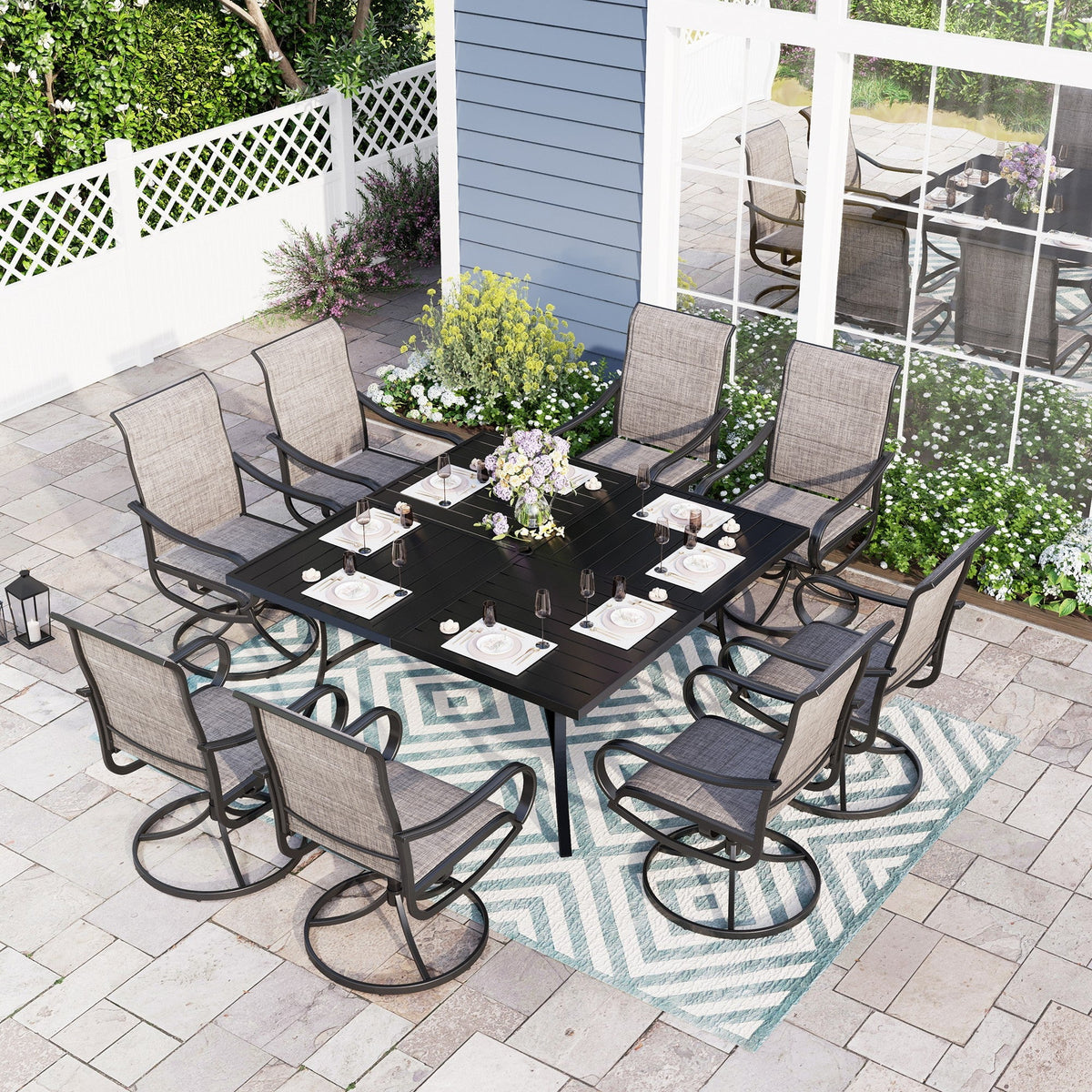 9 Piece Outdoor Metal Patio Dining Set with Swivel Padded Chairs I763