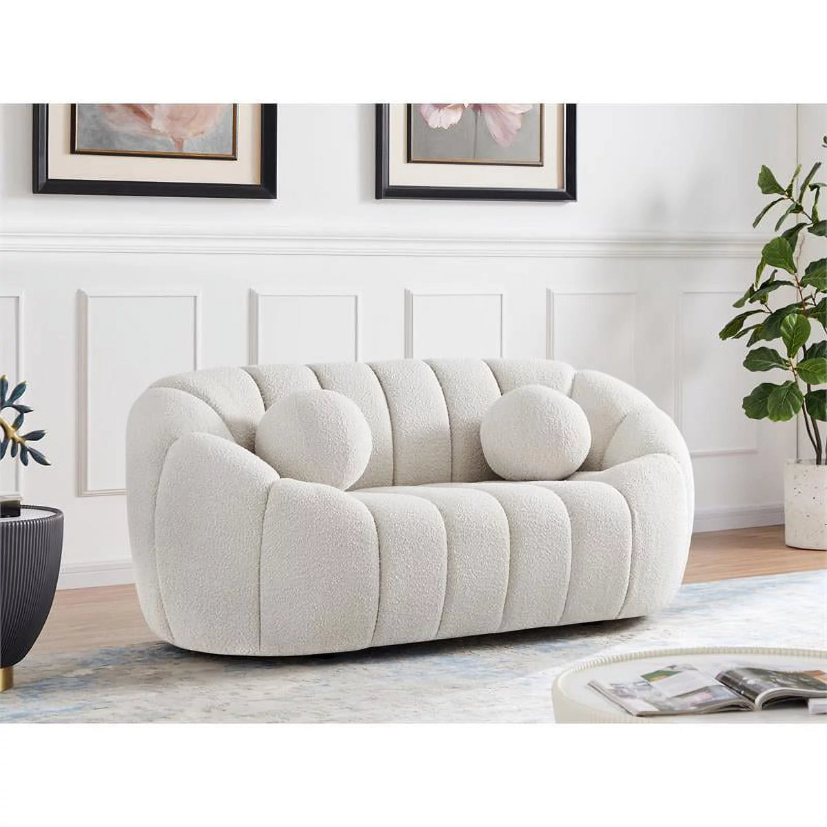Cream Boucle Fabric Loveseat D360