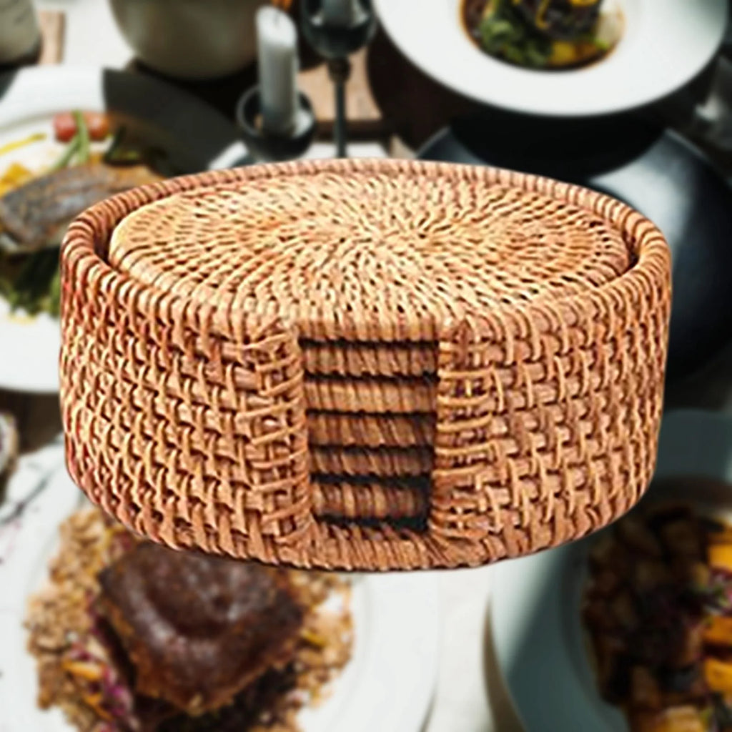 6x Round Rattan Coasters with Holder L458