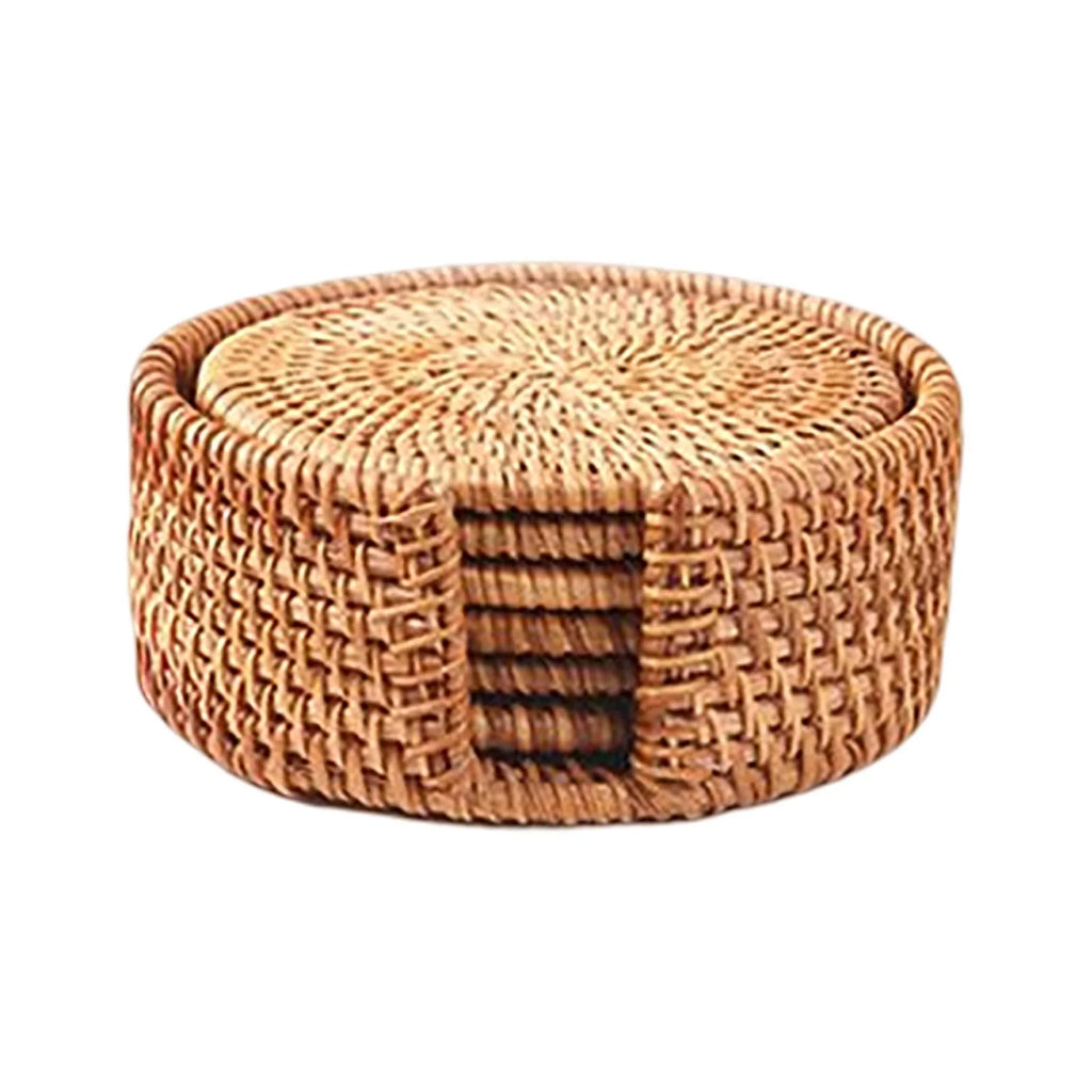 6x Round Rattan Coasters with Holder L458