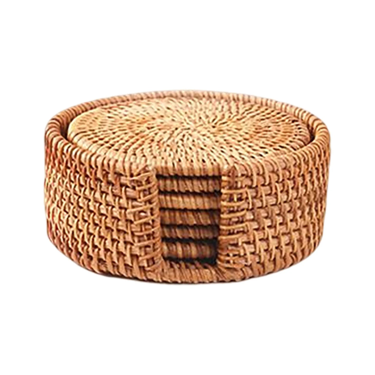 6x Round Rattan Coasters with Holder L458