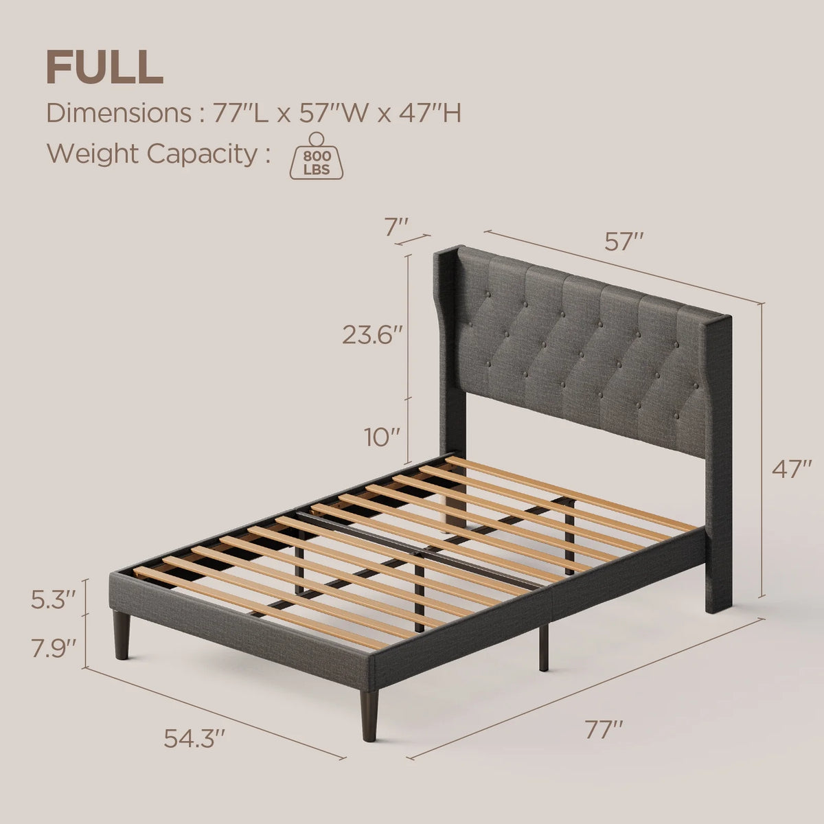 Full Size Dark Gray Bed Frame with Button Tufted Headboard M61723