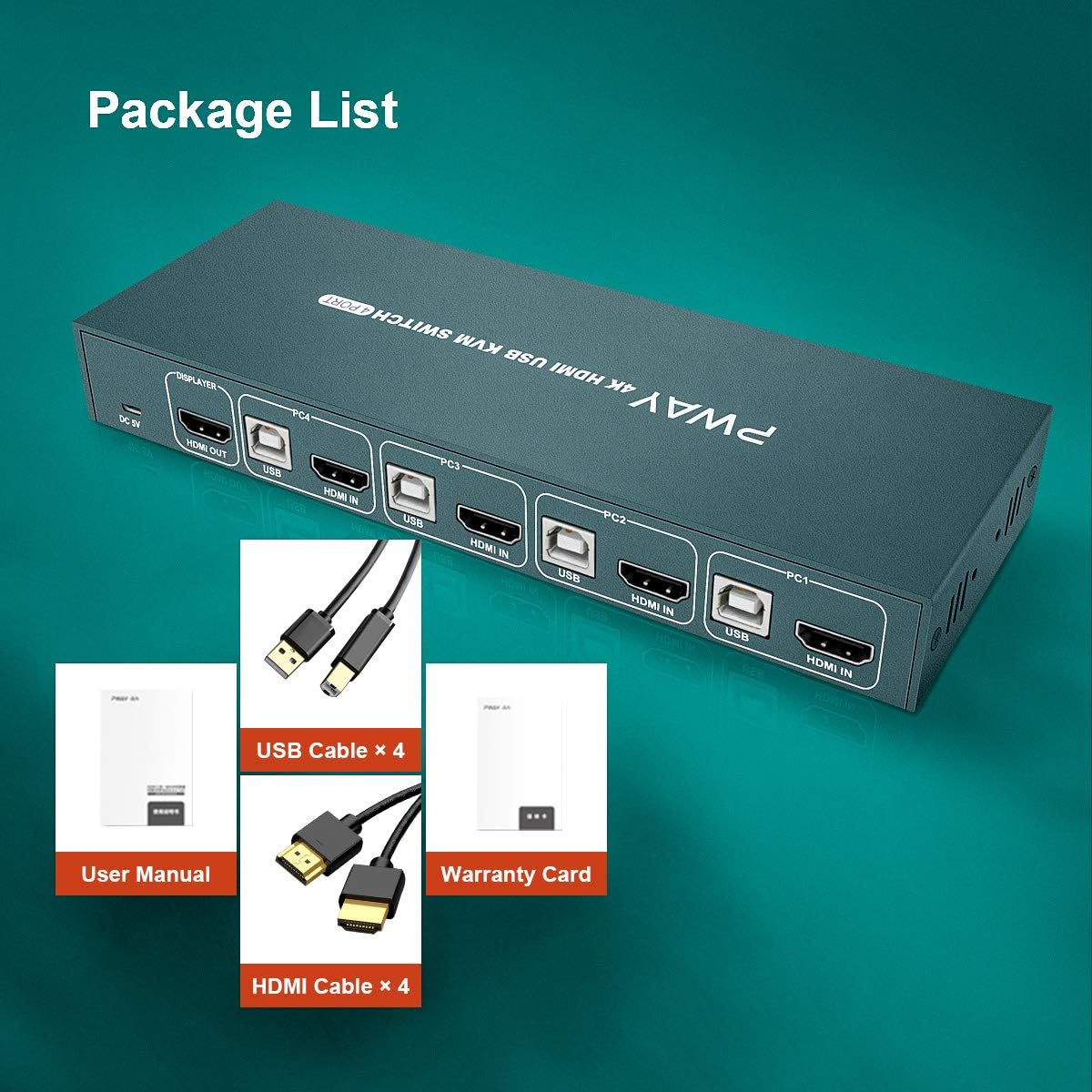 4x1 HDMI KVM Switch 4 Port Ultra HD 4K@30Hz USB 2.0 with 4 HDMI and USB Cables T516188