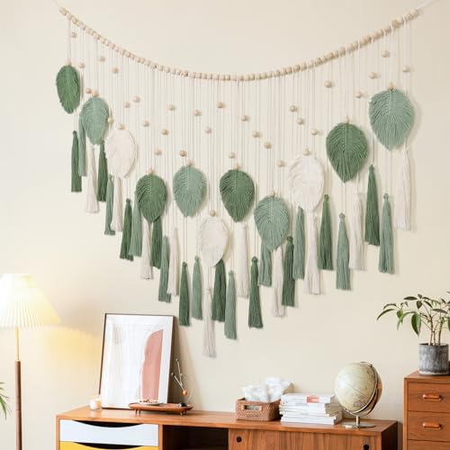 Large Macrame Wall Hanging Beige Green Feather Tapestry Wall Art Wooden Beads Handmade Woven Leaf Tassels Wall Decor Z4127