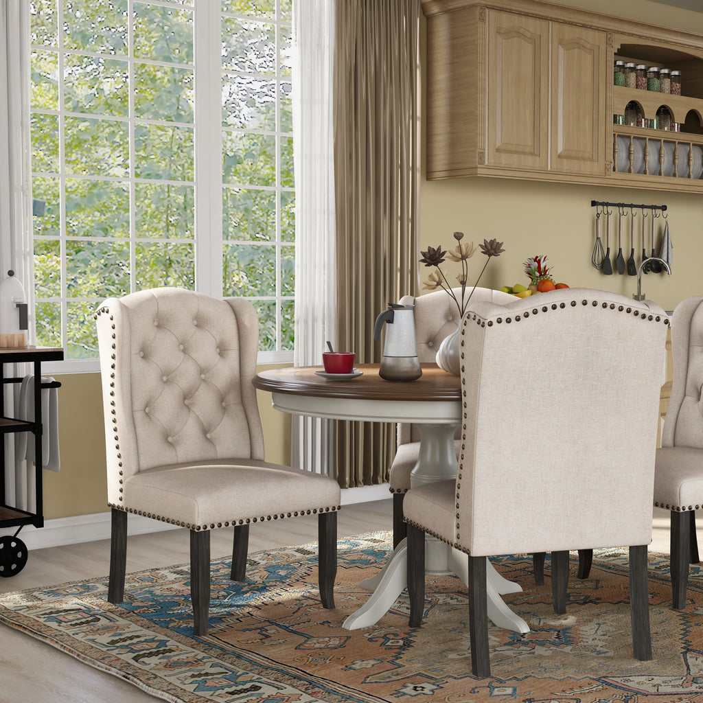 Beige Tufted Linen Wingback Dining Chairs Set of 2 A6753