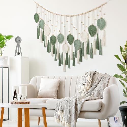 Large Macrame Wall Hanging Beige Green Feather Tapestry Wall Art Wooden Beads Handmade Woven Leaf Tassels Wall Decor Z4127