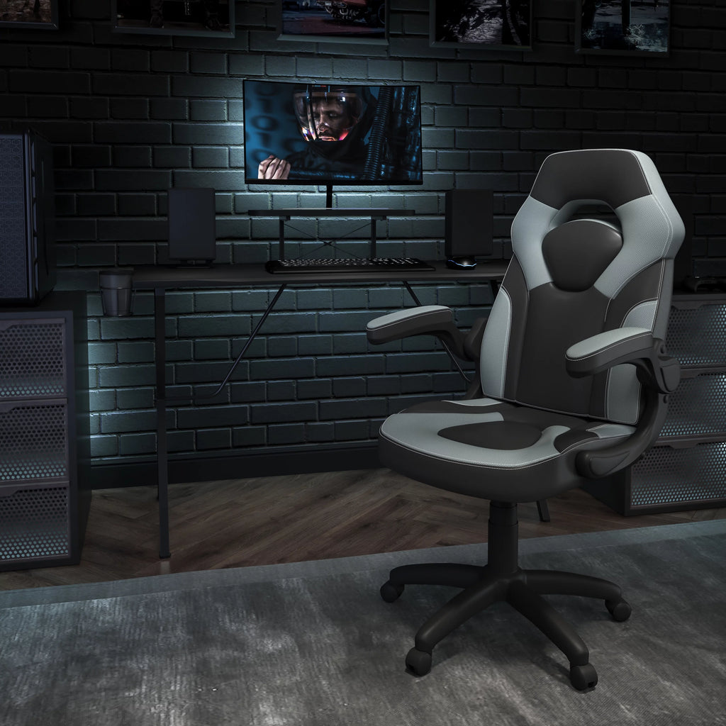 Black Gaming Desk and Gray Black Racing Chair Set with Cup Holder B33709