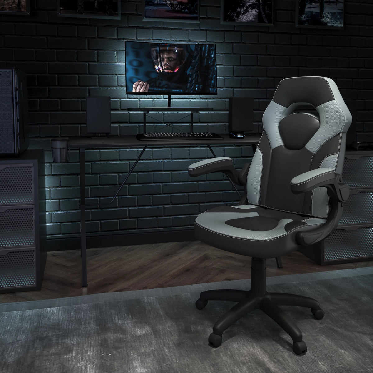 Black Gaming Desk and Gray Black Racing Chair Set with Cup Holder B33709