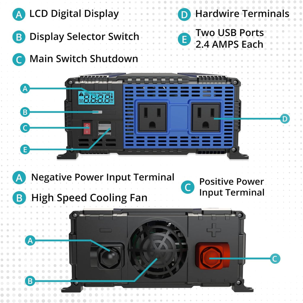 2000 Watt 12V Power Inverter with Dual USB & AC Outlets O8562