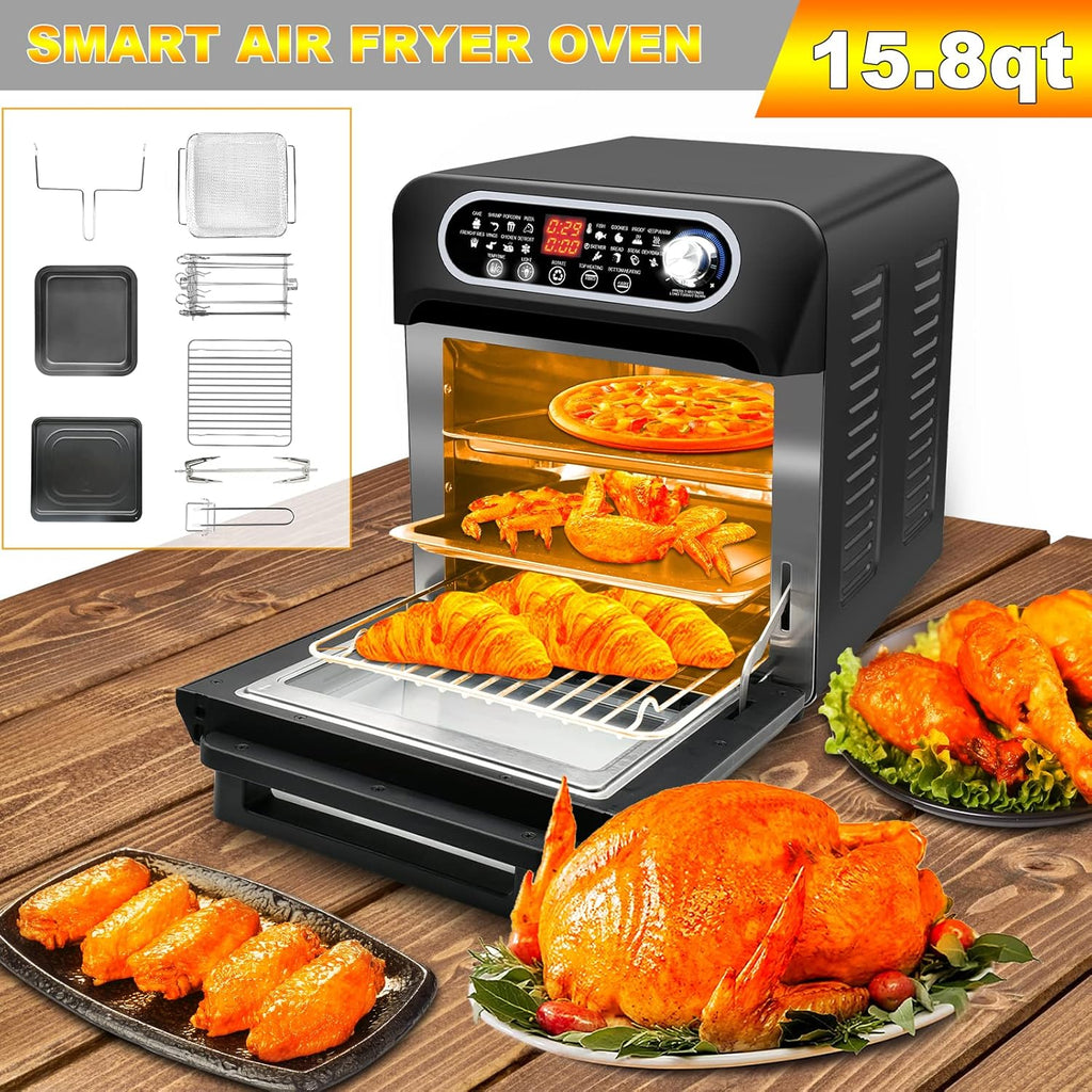 15.8qt 3-layer 16-in-1 Convection Air Fryer Toaster Oven with 6 Accessories, 1500W, Stainless Steel W388756