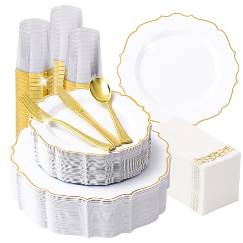 350 PCS Gold Disposable Plates Dinnerware Set C95297