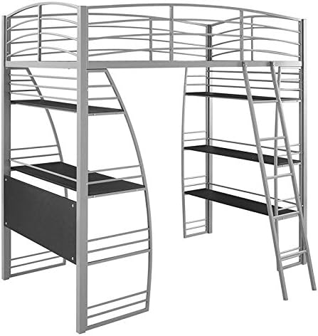 Gray Metal Frame Twin Loft Bed with Desk and Bookcase G378407