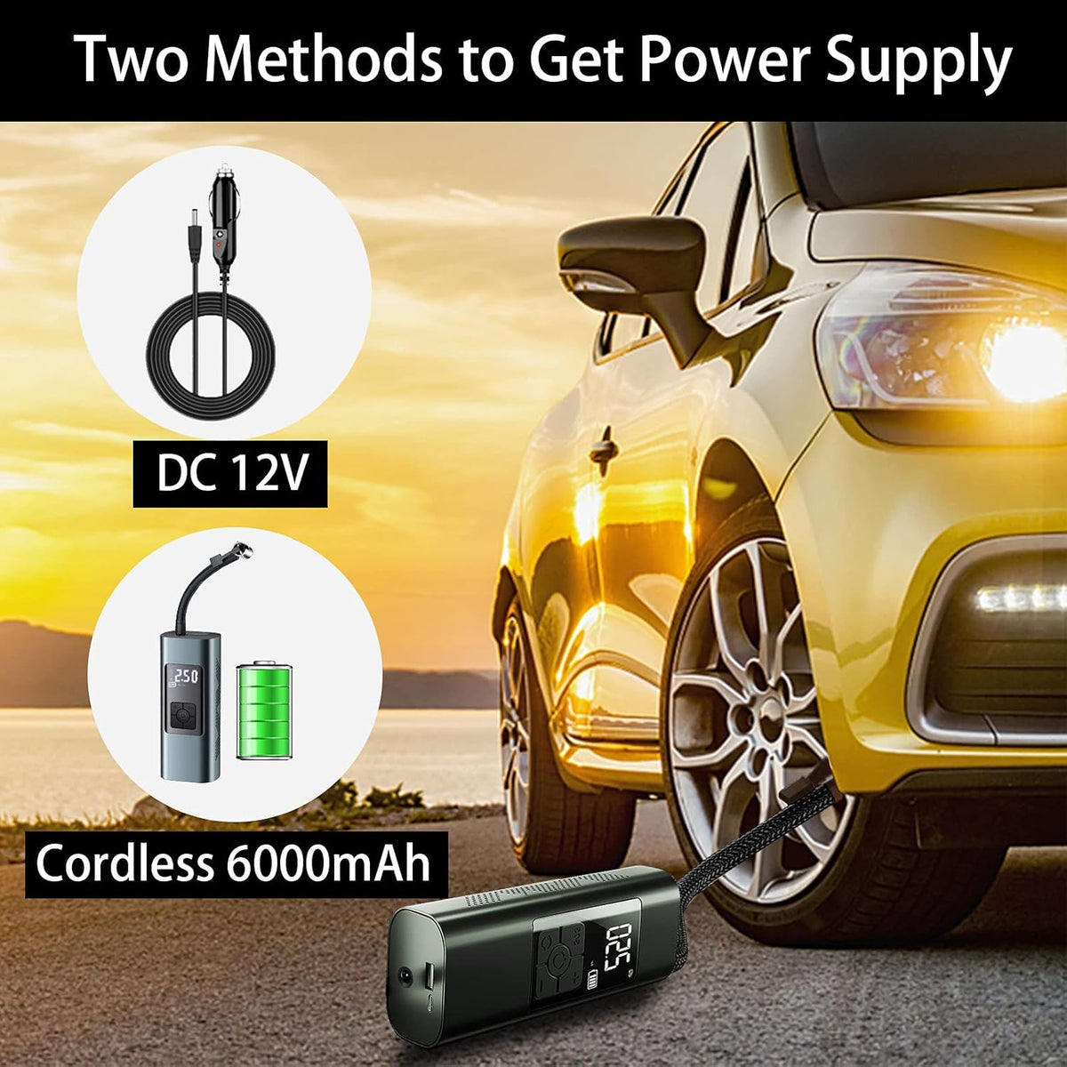 Cordless Tire Inflator Portable Air Compressor 12 Volt Rechargeable 6000mA 140PSI with Pressure Gauge Auto-Off Pack of 2 M100