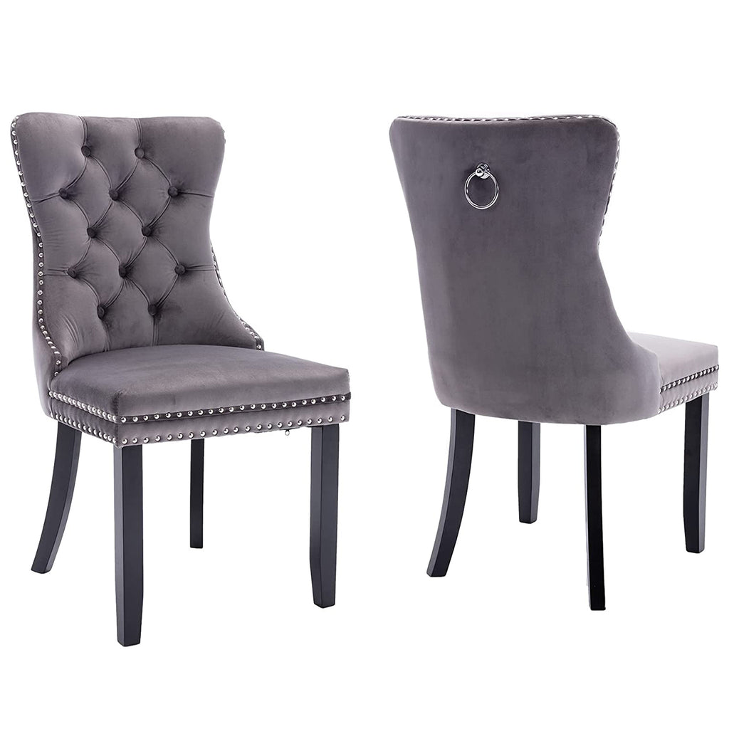 Set of 2 Velvet Upholstered Tufted Dining Chairs with Ring Back and Nailhead Trim Gray B8926
