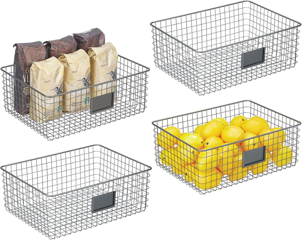 Bronze Metal Wire Food Organizer Storage Bin Basket with Label Slot, 4 Pack J999