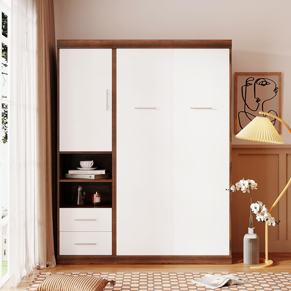 White Twin Size Wooden Murphy Wall Bed with Cabinet and Storage Drawers Q27657