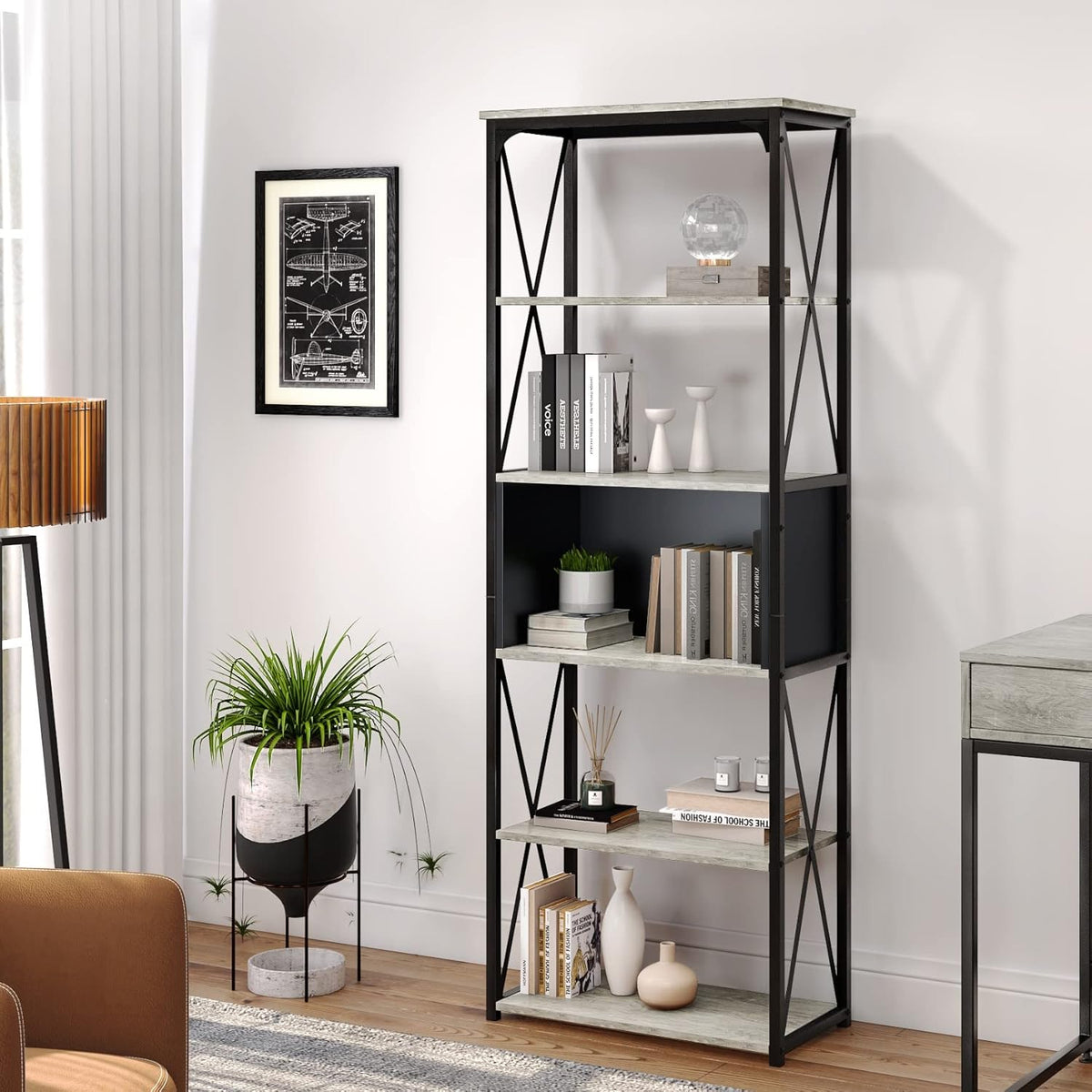 Rustic Brown and Black 5 Tier Bookshelf T318