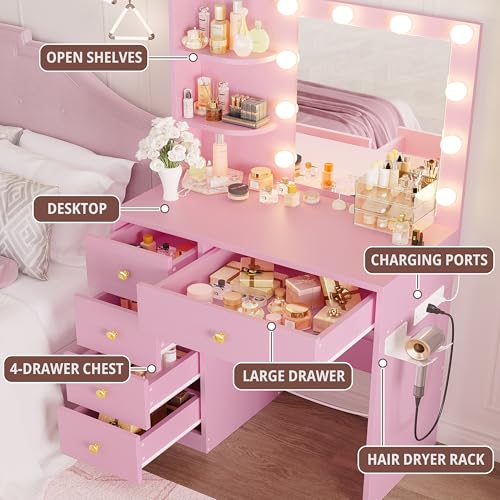 White Vanity Desk with Mirror and Lights, 5 Drawers, and Stool B659228