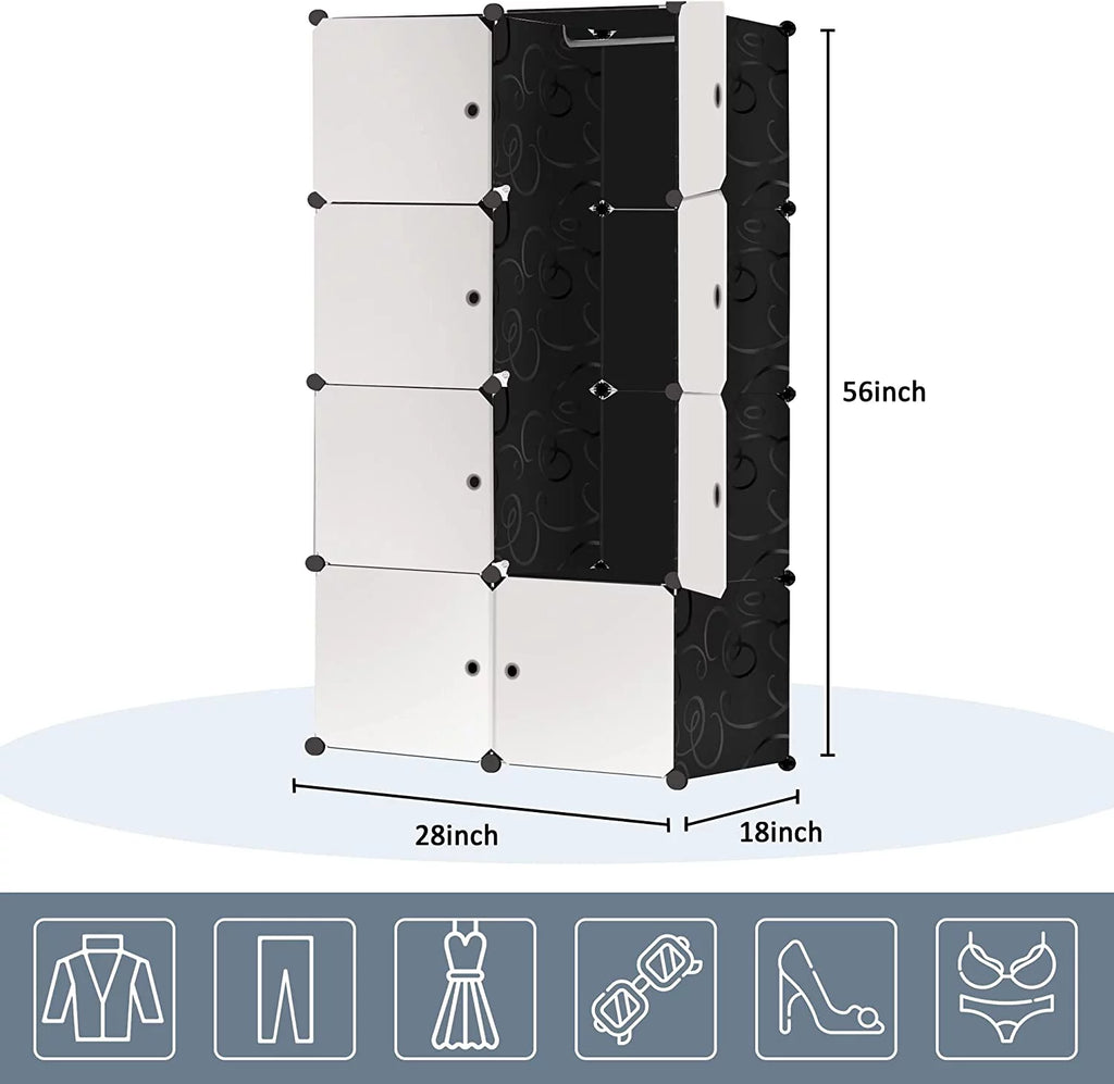 Portable Closet Wardrobe 4 Tiers 8 Doors Black Q45358