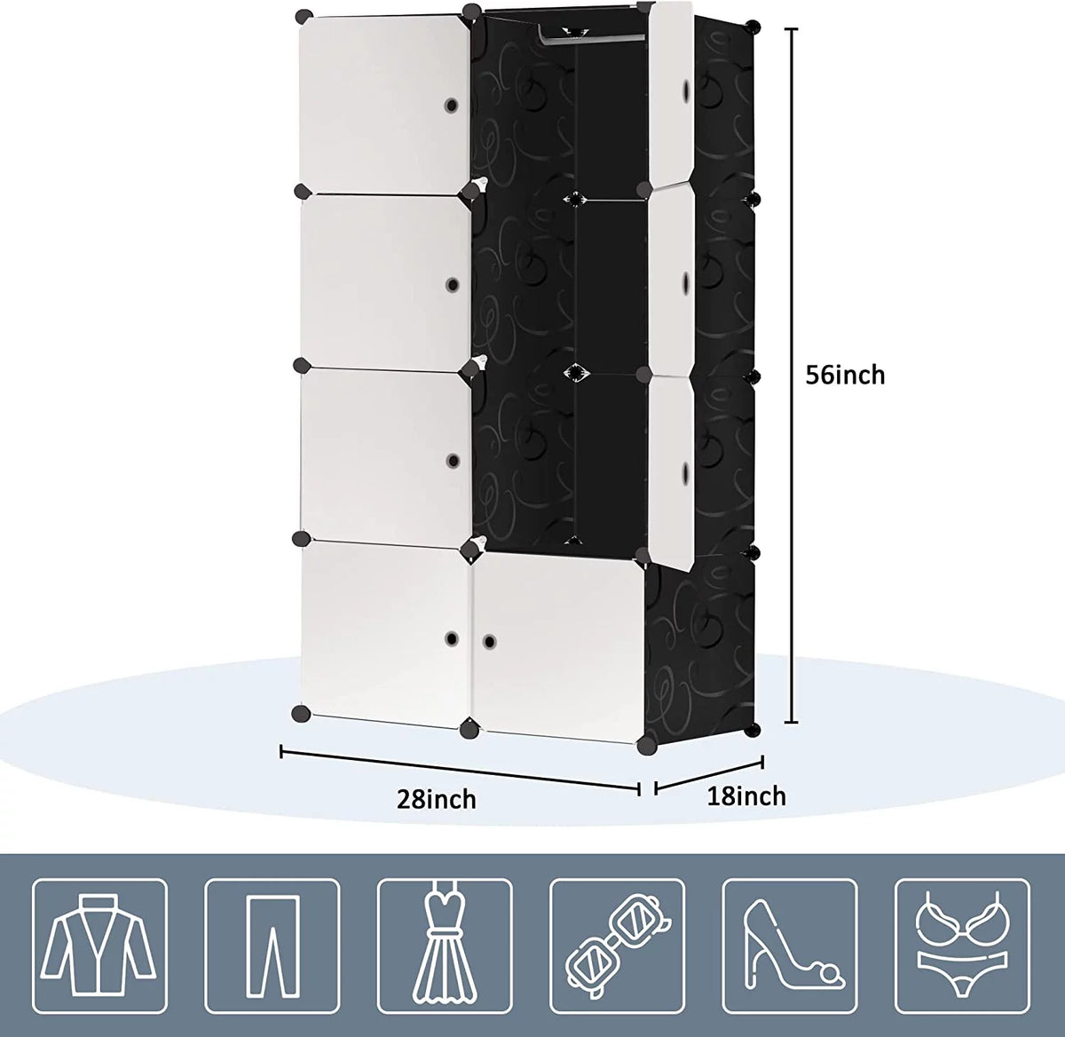 Portable Closet Wardrobe 4 Tiers 8 Doors Black Q45358