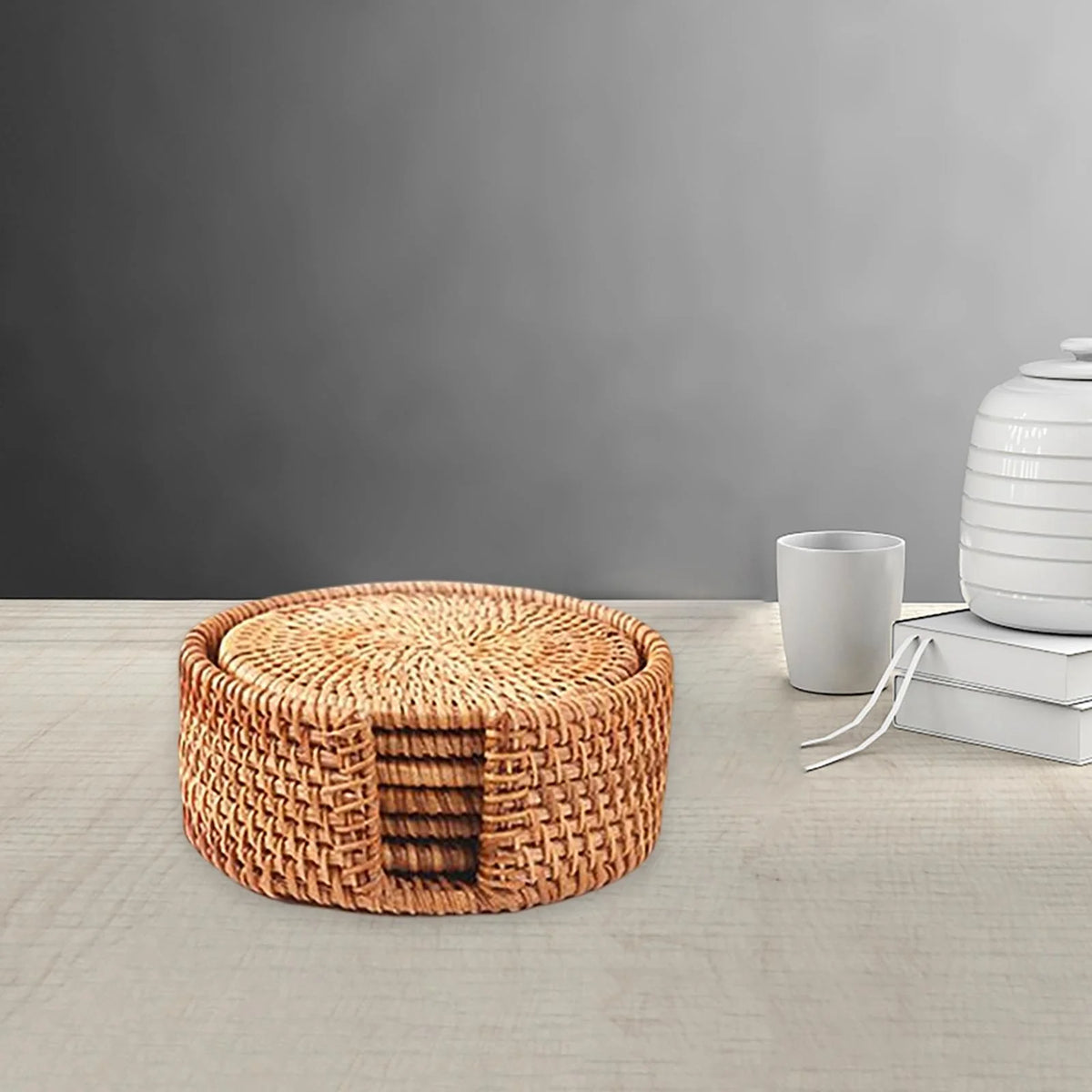 6x Round Rattan Coasters with Holder L458