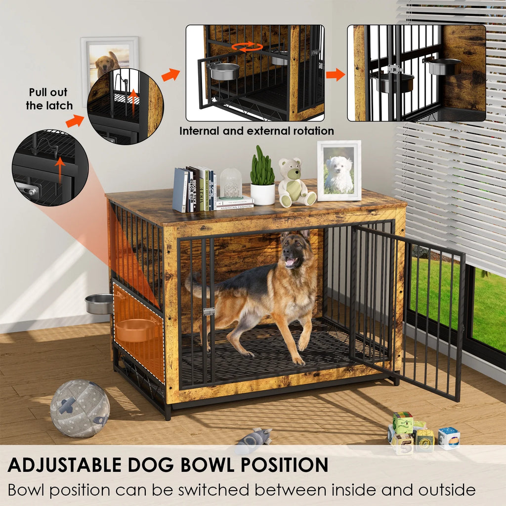 44.1'' Wooden Dog Crate with 2 Stainless Steel Bowls R679