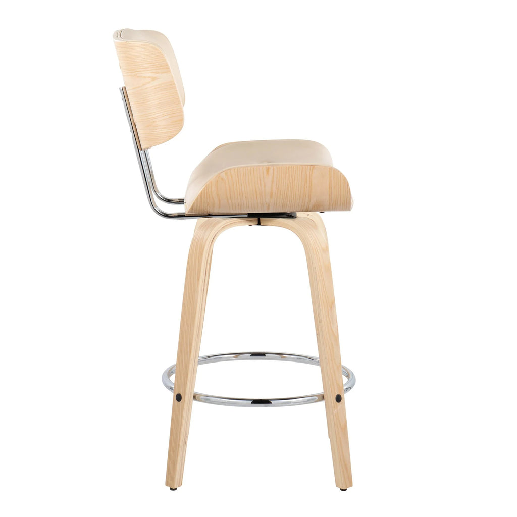 26" Mid-Century Modern Counter Stool with Swivel in Natural Wood and Cream Faux Leather with Round Chrome Metal Footrest - Set of 2 N4111