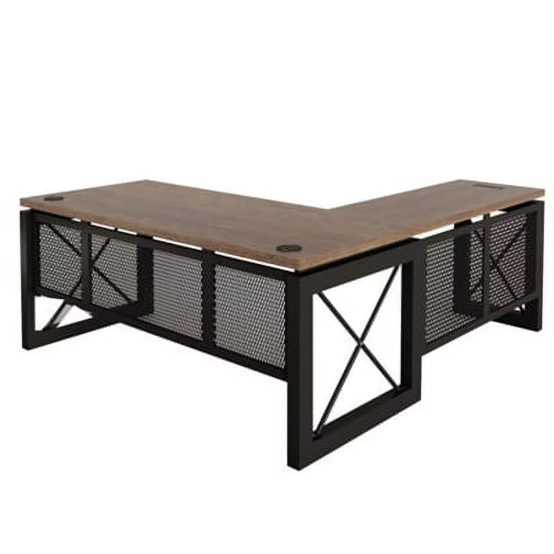 Reversible L-Shaped Desk Weathered Walnut Laminate Black Legs R172