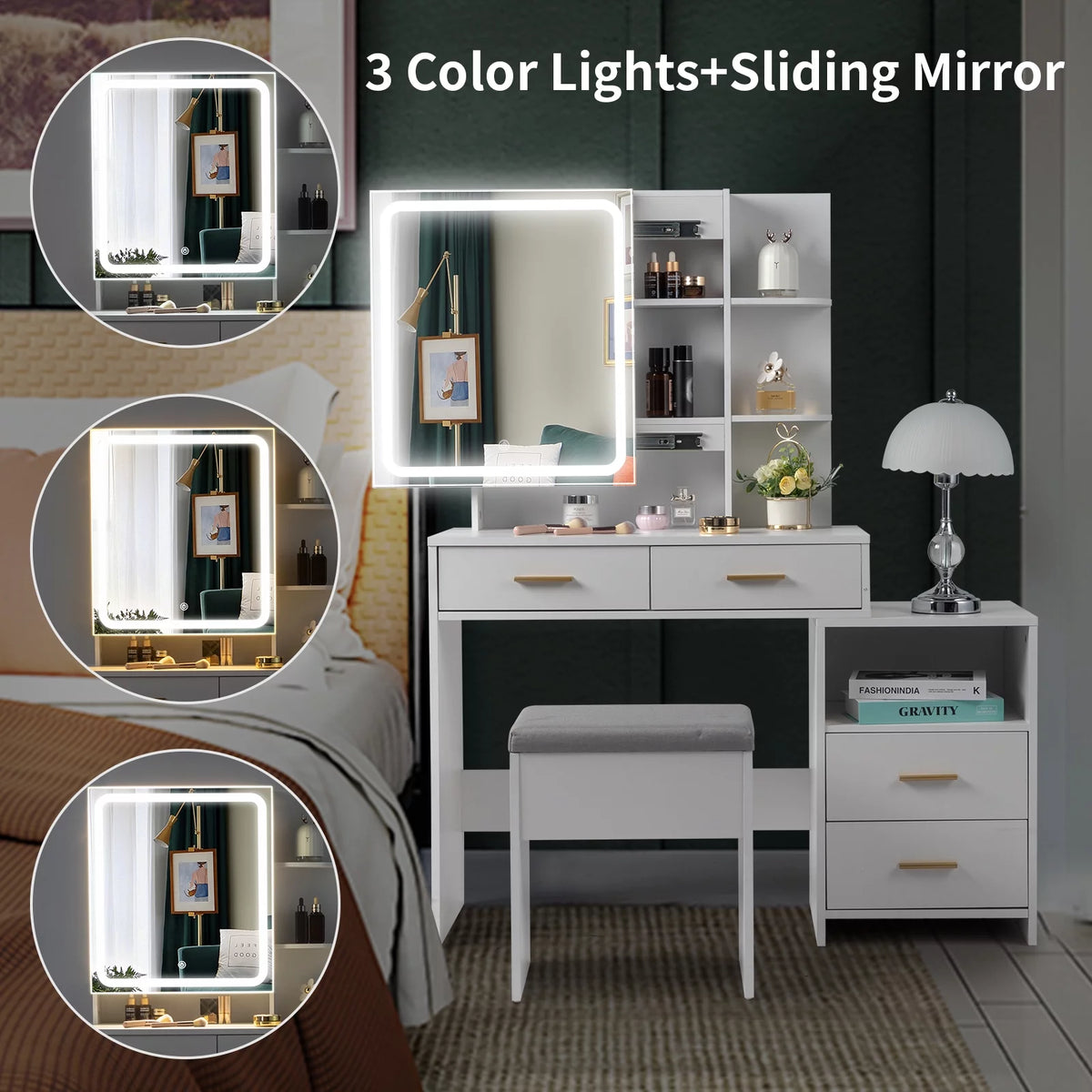 White Makeup Vanity Table Set with Sliding Mirror O2737