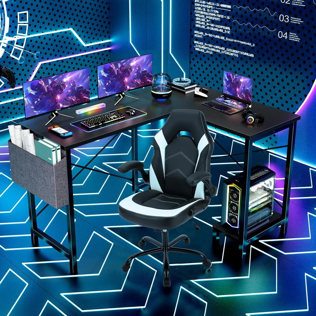 Black L Shaped Computer Desk with Wooden Desktop CPU Stand Side Bag N589313