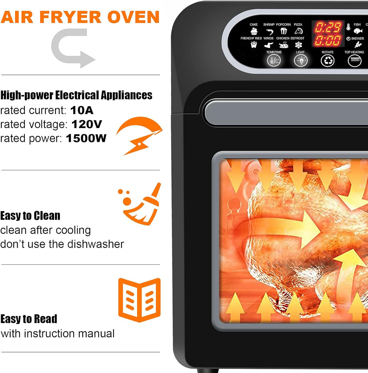 15.8qt 3-layer 16-in-1 Convection Air Fryer Toaster Oven with 6 Accessories, 1500W, Stainless Steel W388756