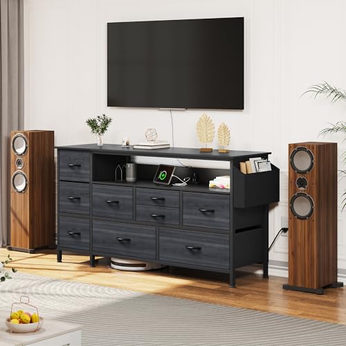 Black 9 Drawer TV Stand with Charging Station L136