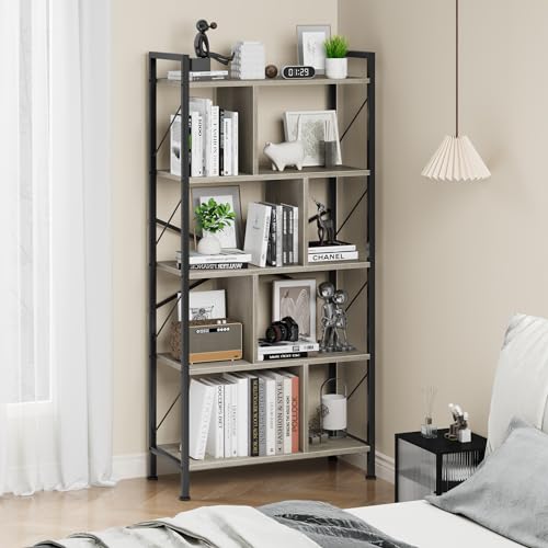 5 Tier Rustic Brown Bookshelf with Metal Frame G165293