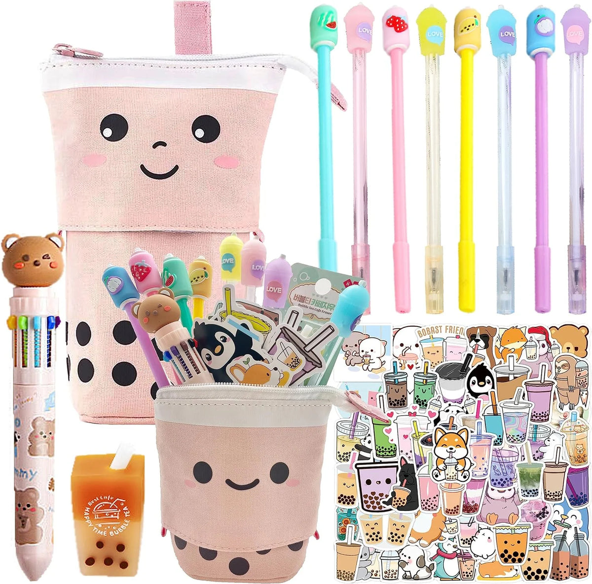 Kawaii Stationery Set with Pop Up Pencil Case, Eraser, 8 Pens, 50 Pcs Stickers Y8328