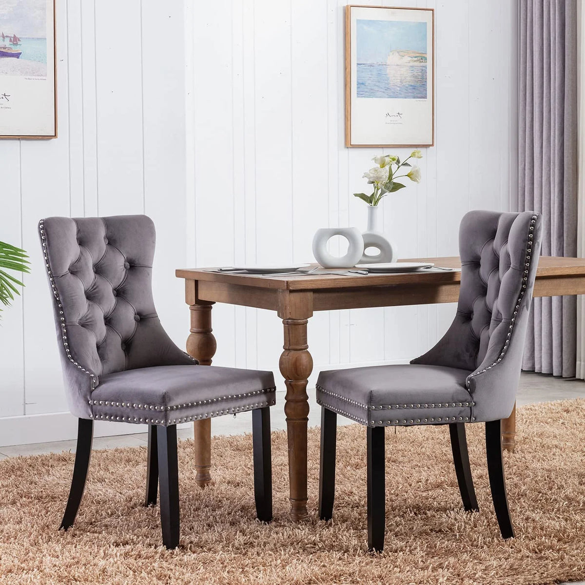 Set of 2 Velvet Upholstered Tufted Dining Chairs with Ring Back and Nailhead Trim Gray B8926