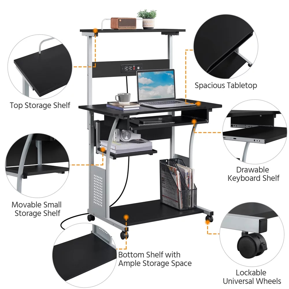 Black 3 Tiers Computer Desk with Charging Station D926