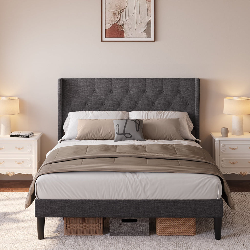 Full Size Dark Gray Bed Frame with Button Tufted Headboard M61723