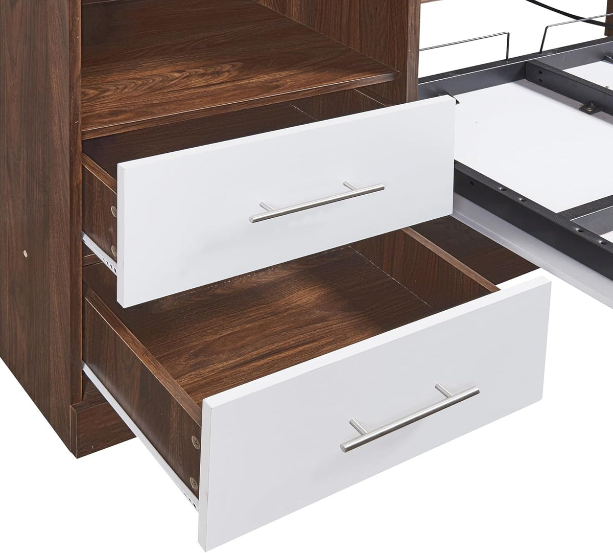 White Twin Size Wooden Murphy Wall Bed with Cabinet and Storage Drawers Q27657
