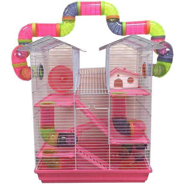 Pink Large 5-Levels Twin Tower Hamster Mouse Habitat Wire Animal Cage With Long Crossover Tube C73695