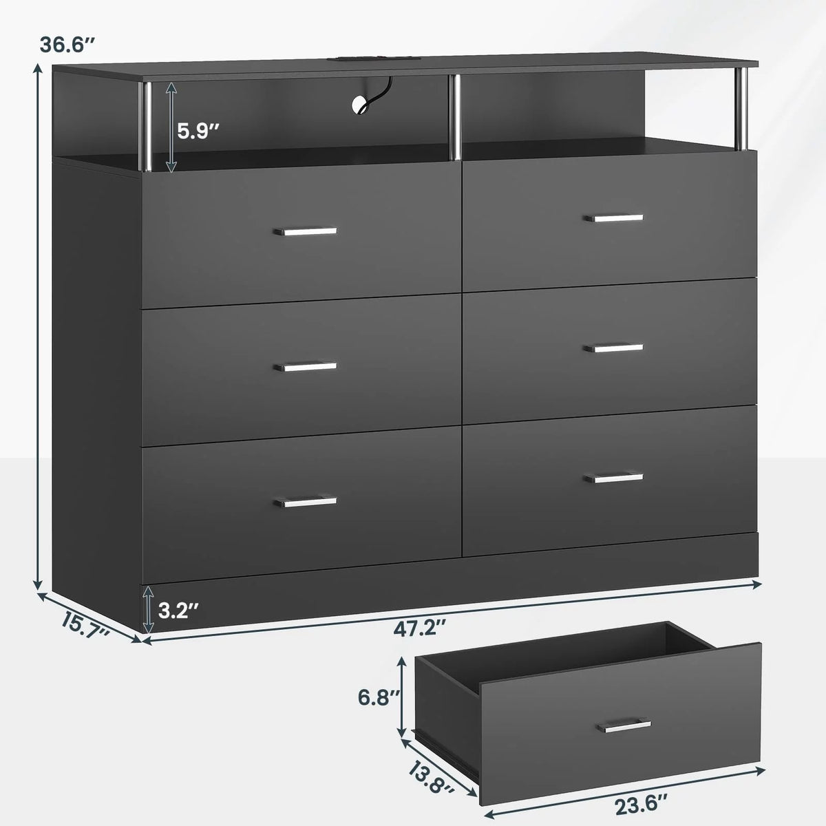 Black 6 Drawer Dresser with Charging Station N21034